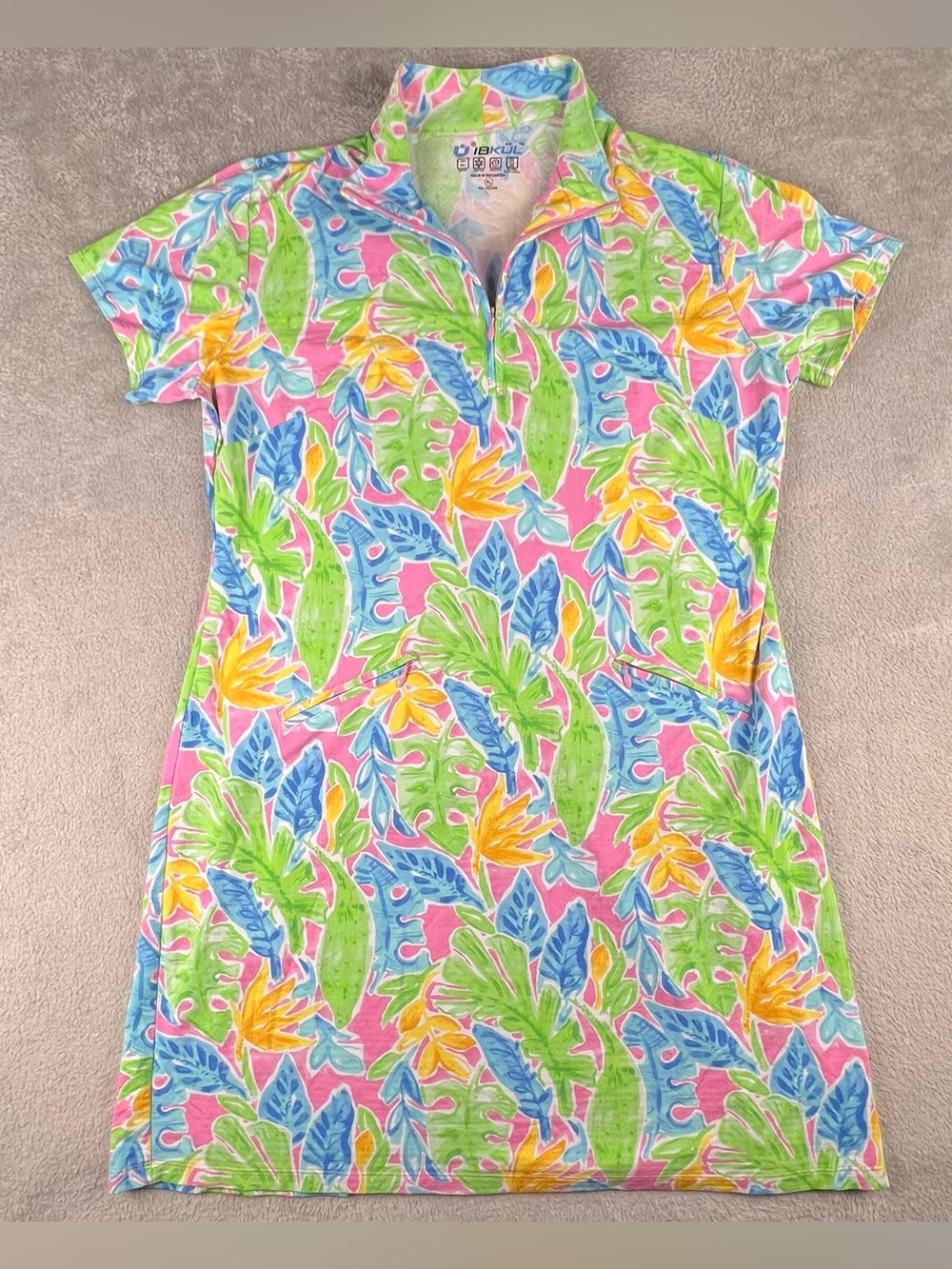 IBKUL Larisa Dress Size XL 1/4 Zip UPF 50 Zip Mock Neck SS Golf Pockets Tropical